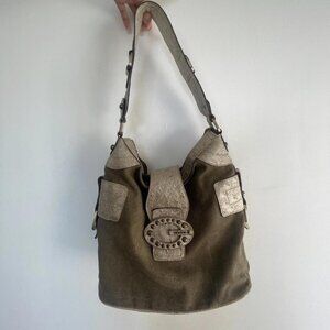 Vintage Guess, Olive & Soft Gold Canvas Faux Ostrich Hobo